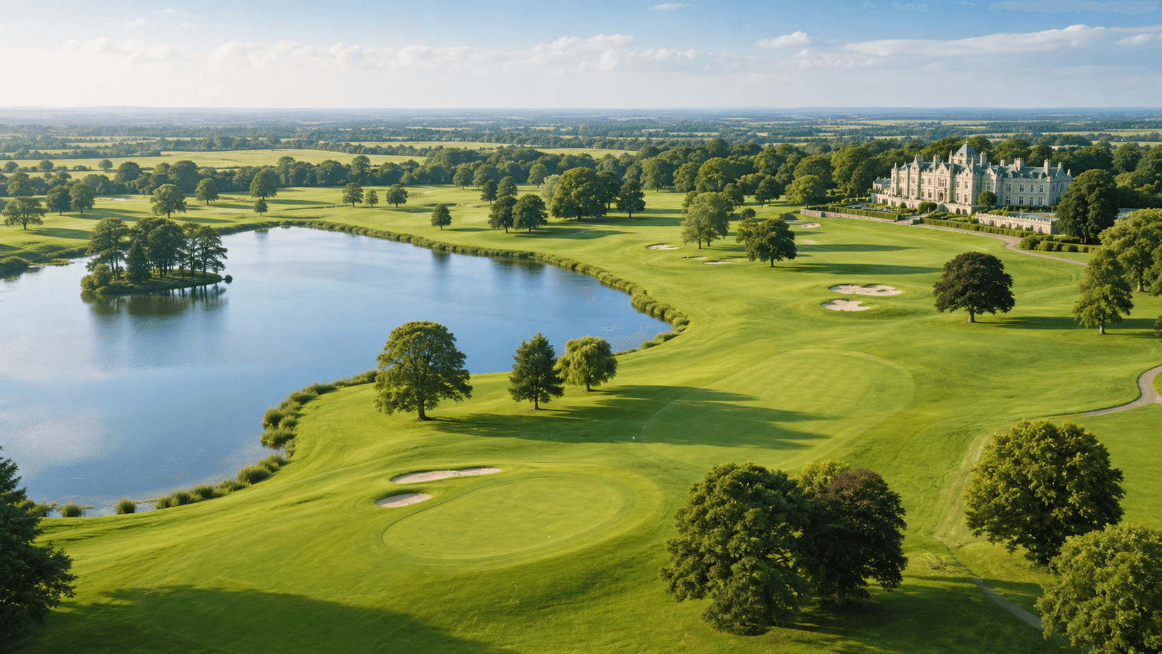 Open Irish golf estate with a lake, green fairways and a manor hotel